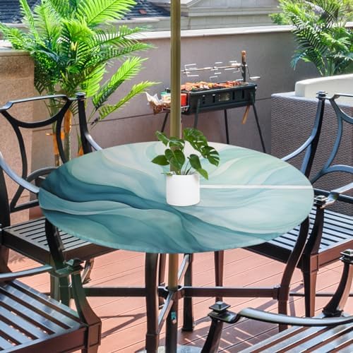Fitted Round Tablecloth with Umbrella Hole and Zipper Abstract Teal Blue Outdoor Elastic Table Cloth 45"-56" Oil-Proof Waterproof Texture Patio Table Cover for Party Outdoor - Image 2