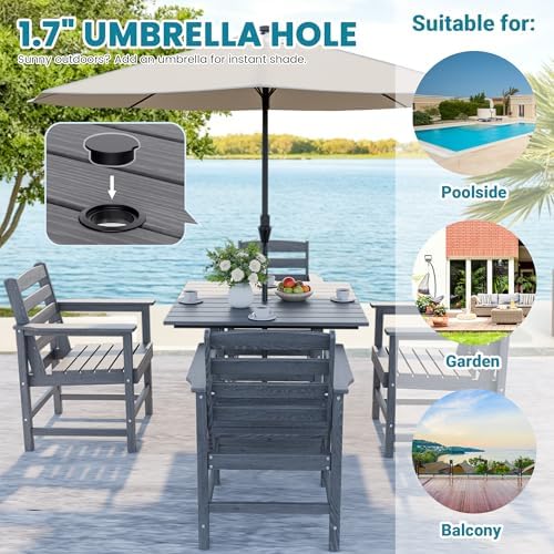 Dining Table Set, 5-Piece HDPE Outdoor, Gray - Image 3