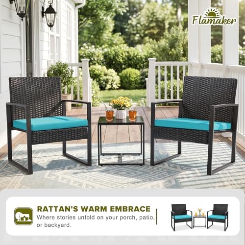 Flamaker 3 Pieces Patio Furniture Set Outdoor Wicker Bistro Chair (Blue) - Image 2