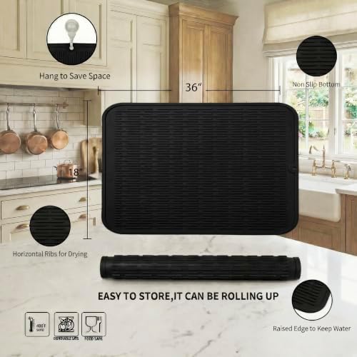 MicoYang Silicone Dish Drying Mat for Multiple Usage,Easy clean,Eco-friendly,Heat-resistant Silicone Mat for Kitchen Counter or Sink,Refrigerator or Drawer Liner Black 5XL 36inches x 18inches - Image 2