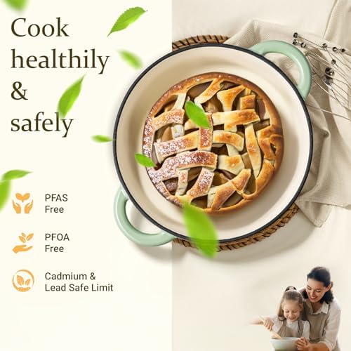 Overmont Enameled Cast Iron Dutch Oven - 4.5QT Pot with Lid Cookbook & Cotton Potholders - Heavy-Duty Cookware for Braising, Stews, Roasting, Bread Baking Verdant - Image 2