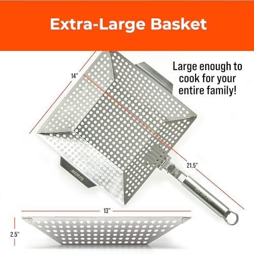 Heavy-Duty Stainless Steel Grill Basket – 12" x 13.75" Large BBQ Basket with Removable Handle – Durable Grilling Basket for Vegetables & Meat – Outdoor Cooking Accessory for Gas & Charcoal Grills - Image 3