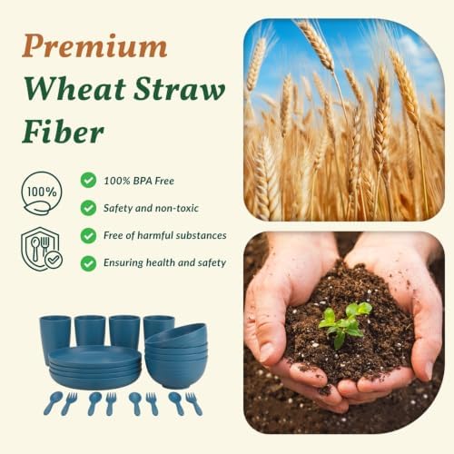 Wheat Straw Dinnerware Sets, Homienly 20pcs Unbreakable Microwave Dishwasher Safe Tableware Lightweight Bowls, Cups, Plates Set Reusable Dinner Plates Bowls set (Blue) - Image 3
