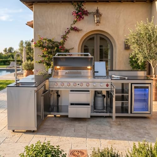 153'' 6-Burner 95500 BTU Propane Gas Outdoor Grill Island, 304 Stainless Steel, Sink + Double-Door Cabinet, Refrigerator, 3-Tier Corner Cabinet, For Backyard BBQ, Sliver by Dvasovio