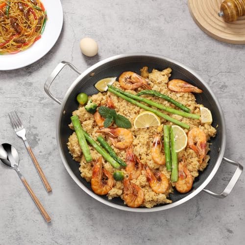 DELARLO 13 Inch Tri-Ply Stainless Steel Paella Pan with Lid Nonstick Frying Pan, Hybird Induction Large Skillets,Great for Paella Parties Indoors Outdoors,Heavy Duty Style - Image 6