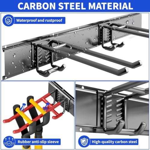 Garage Tool Organizer Wall Mount, 64 Inch Heavy Duty Garden Tool Organizer Storage System, Easy Install with 8 Adjustable Bike Hooks, for Garage, Basement, Shed, Workshop, Black, Steel - Image 5