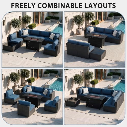 Shintenchi 8 Piece Outdoor Patio Furniture Set with 43 Inch Propane Fire Pit, Washable Cushions, Glass Coffee Table, Waterproof Cover & CSA Certified for Backyard Poolside, Black PE Rattan/Navy Blue - Image 3