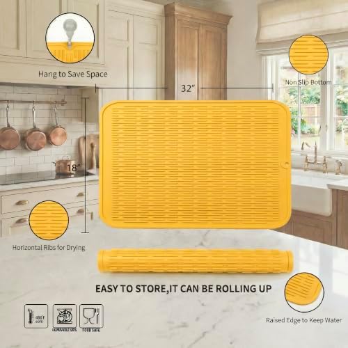 MicoYang Silicone Dish Drying Mat for Multiple Usage,Easy clean,Eco-friendly,Heat-resistant Silicone Mat for Kitchen Counter or Sink,Refrigerator or Drawer Liner Yellow 4XL 32 inches x 18 inches - Image 2