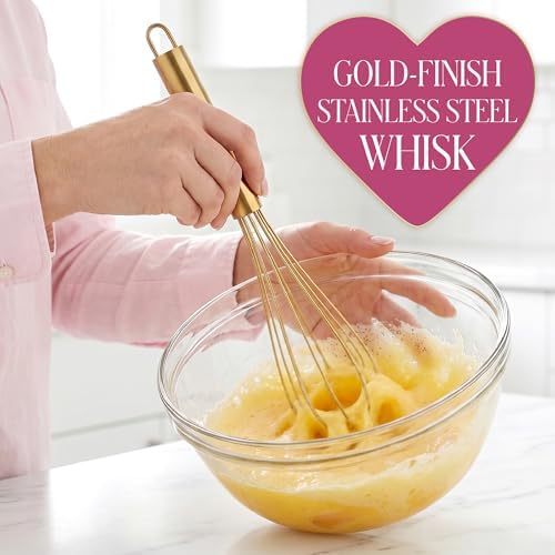 Paris Hilton Kitchen Utensils Tool Crock Set, Bamboo Cooking Tools with Gold-Finish Stainless Steel Whisk and Ceramic Stoneware Utensil Holder, Gingham Design, 7-Piece, Pink - Image 7
