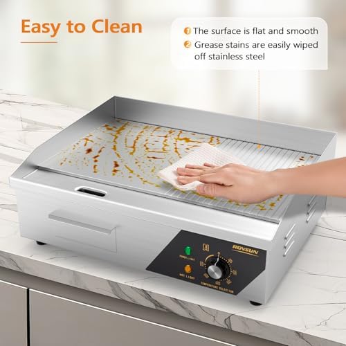 Bonnlo 22 Inch 1600W Commercial Electric Griddle with Stainless Steel Countertop, Half Flat Griddle, 122-572℉ Adjustable Temp Control of Flat Top Grill for Steak and Egg, Home & Restaurant, Plug - Image 6
