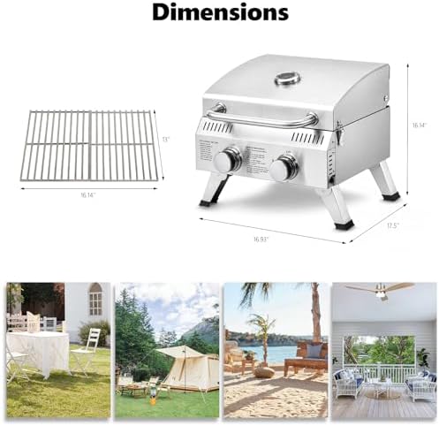 Bonnlo 2 Burner Portable Gas Grill, 20,000 BTU Tabletop Camping Grill with Ignition & Lockable Lid, Stainless Steel Propane Grill with Foldable Legs & Thermometer for Outdoor Patio BBQ RV Use - Image 6