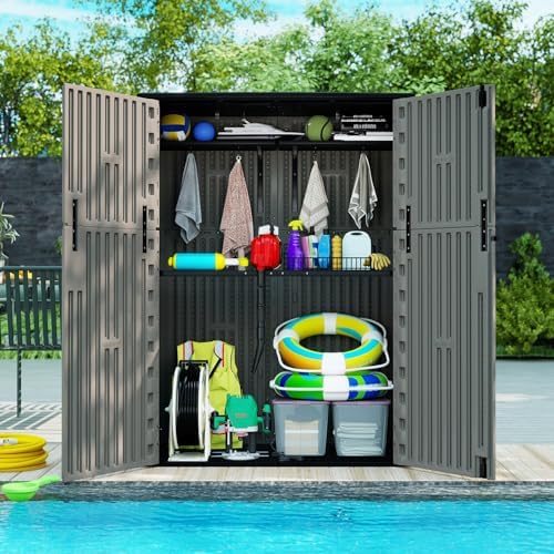 ZZM 57 Cu.ft Outdoor Storage Shed with Floor HDPE Double-Wall Resin Sheds Outdoor Storage, Lockable Weatherproof Storage Cabinet Fit for Garden Tools, Garage can, Bike, Patio Furniture, Brown - Image 4