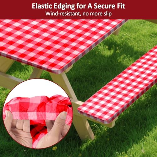8ft 96in Picnic Table and Bench Cover, 3 Pack, Red-White Checkered - Image 4