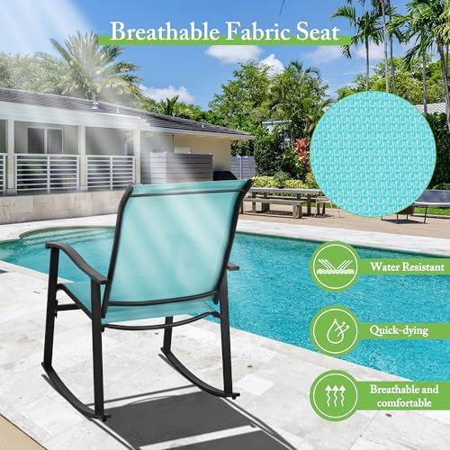 Shintenchi 3 Piece Rocking Bistro Set, Outdoor Furniture with Rocker Chairs and Glass Coffee Table Set of 3, Balcony, Porch Furniture for Small Space, Blue - Image 4