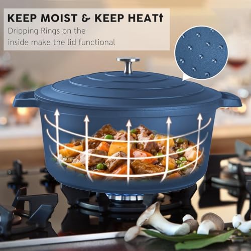 Large Dutch Oven Pot with Lid-7.5QT Cast Aluminum Oven Pot with Two Handles Lightweight for Bread Baking Braising and Roasting(Blue) - Image 6