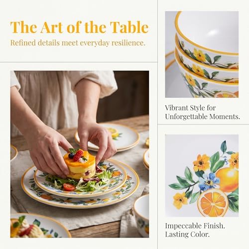 Lemon Dinnerware Set for 4, 12-Piece Melamine Plates and Deep Bowls - Image 4