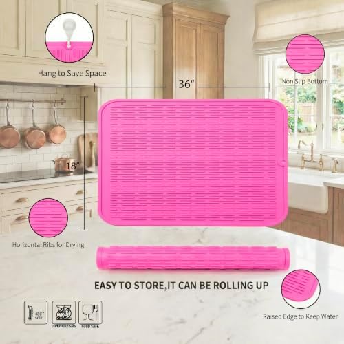 MicoYang Silicone Dish Drying Mat for Multiple Usage,Easy clean,Eco-friendly,Heat-resistant Silicone Mat for Kitchen Counter or Sink,Refrigerator or Drawer Liner Rose 5XL 36inches x 18inches - Image 2