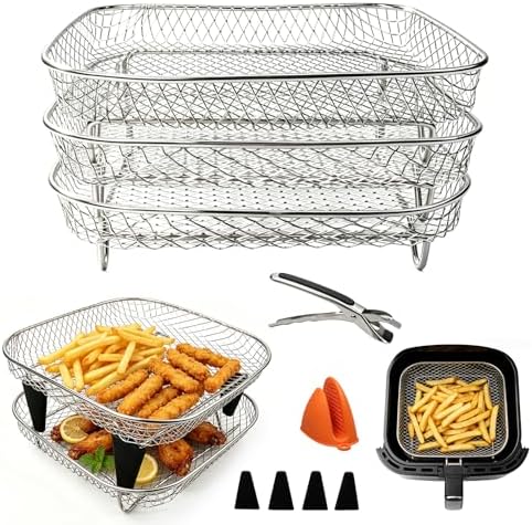 Air Fryer Accessories 9-Pcs – 8.1" Square 3-Tier Stackable Dehydrator Racks for Cosori, Instant Vortex, and Ninja Foodi Grill – 304 Stainless Steel Grill Rack Compatible with 6-8QT Air Fryer, Oven by Unknown
