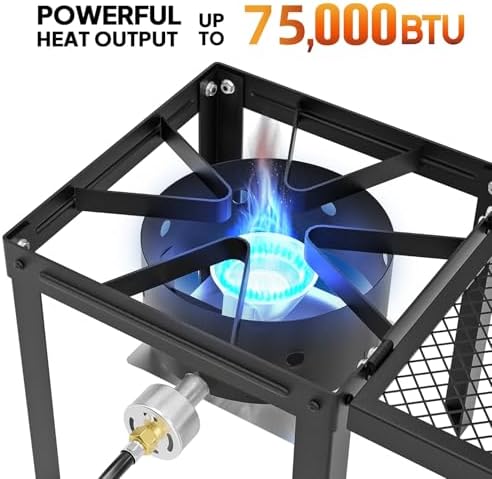 Bonnlo Single Burner Propane Stove with Foldable Side Shelf, 75000BTU Portable Propane Burner with Adjustment Regulator, Gas Stove for Outdoor Camping Patio Cooking Turkey Frying Seafood Boiling - Image 2