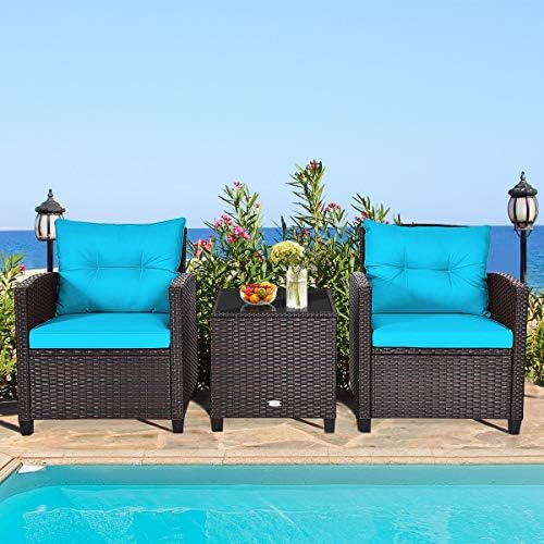 RELAX4LIFE 3 Piece Patio Furniture Set, Wicker Bistro Conversation Set w/ 2 Cushioned Armchairs & Glass Topped Table, Outdoor Rattan Sofa for Porch Balcony Poolside (Turquoise) - Image 2
