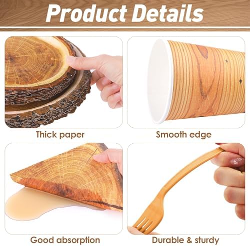 Kochorie 144 Pieces Rustic Wood Party Supplies, Wood Grain Slice Tableware Sets Including Disposable Paper Plates Napkins Cups Forks Serves 24 for Camping Birthday Forest Themed Party Decorations - Image 3