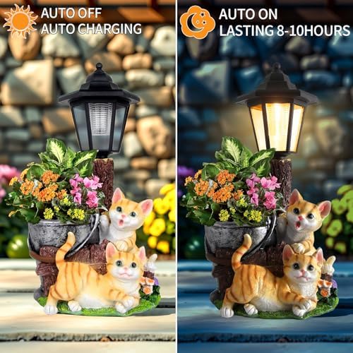 Solar Cat Outdoor Statues, Garden Sculptures with Flowerpot & Lantern - Image 4