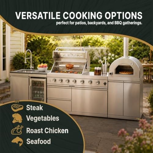 108,000 BTU Modular Outdoor Kitchen,125" Stainless Steel Natural Gas BBQ Grill with Built-In Pizza Oven,Side Burner,Rotisserie,Refrigerator,Granite Countertop,Storage Drawers & Cabinets. - Image 4