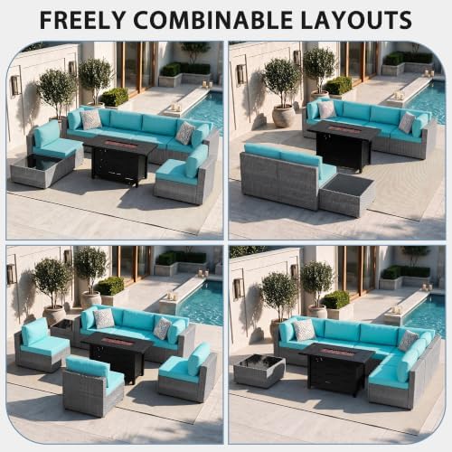 Shintenchi 8 Piece Outdoor Patio Furniture Set with 43 Inch Propane Fire Pit, Washable Cushions, Glass Coffee Table, Waterproof Cover & CSA Certified for Backyard Poolside, Silver PE Rattan/Blue - Image 3