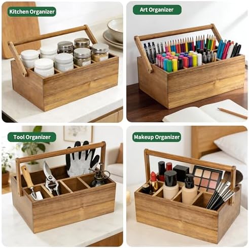 VaeFae Acacia Silverware Caddy, Utensil Holder with Handle, Large - Image 4