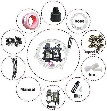 Outdoor Misting Cooling System Kit with 12v Pump,Mister System for Outside Patio with Brass Sprayers,Garden Cooling System DIY Micro Drip Irrigation System(Color:Nero,Size:15m/49.2ft) - Image 6