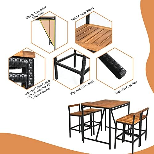 HAPPYGRILL 5 Pieces Patio Bar Table Set with Umbrella Hole Acacia Wood High-Dining Bistro Set with 4 Bar Stool, PE Wicker Outdoor Bar Set - Image 6