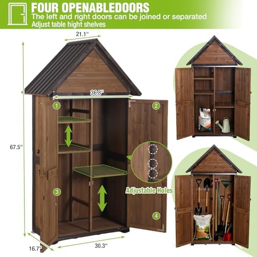 GUTINNEEN Outdoor Storage Cabinet, Upgraded with Durable Front Metal Frame Garden Shed Tool Storage Cabinet with Wooden Floor Adjustable Shelfs 2.5 x 1.4FT （Brown） - Image 6