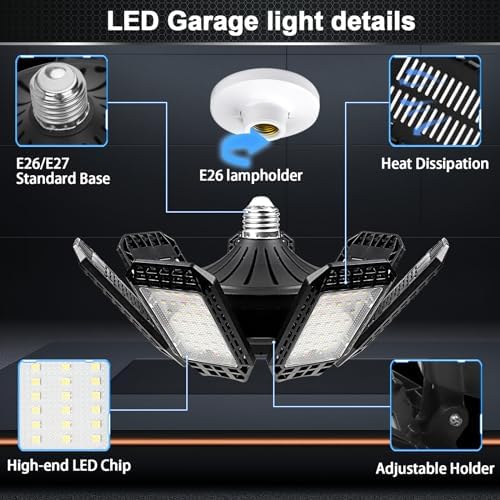 AUDLES 4 Pack LED Garage Light, 240W 24000LM 6500K LED Shop Lights, Garage Lights Ceiling Led with 7+1 Deformable Panels, E26/E27 Bulb Socket Lighting for Shop, High Bay, Attic, Basement, Warehouse - Image 2