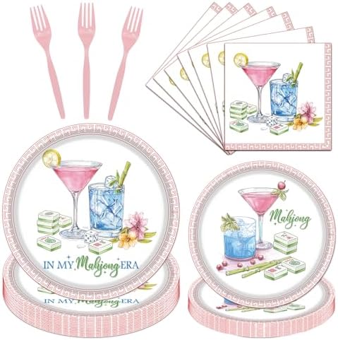 Mahjong Party Tableware Decorations, 96PCS Mahjong Disposable Paper Plates and Napkins Birthday Decoration, In My Mah jong Era Forks Decor Supplies, Serve 24 by Aposwow