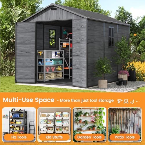 UDPATIO Outdoor Resin Storage Shed 8 x 10 FT, Plastic Storage Shed with Floor Large Outdoors Garden Tool Storage Shed Outside Clearance Shed with Lockable Door for Bike, Backyard, Patio, Dark Drey - Image 6