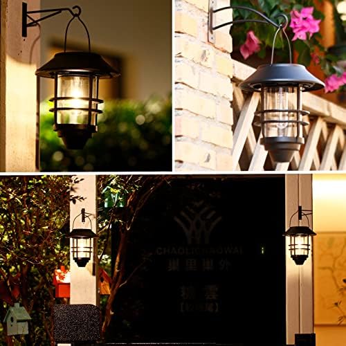 2 Pack Solar Lanterns Outdoor, Hanging Solar Lights for Outside Glass Metal with Wall Mount Bracket,Waterproof Auto Dusk to Dawn Garden Lantern for Fence Porch Decor- Warm White - Image 2