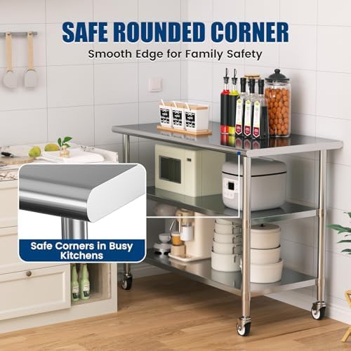 Stainless Steel Work Table with Wheels, 24x60 Inch NSF Kitchen Prep Table with 2 Adjustable Undershelves for Commercial Restaurant, Garage, Outdoor BBQ - Image 5