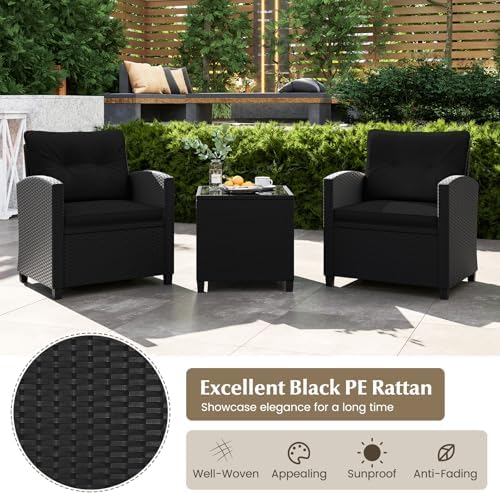 RELAX4LIFE 3-Piece Patio Furniture Set - Wicker Rattan Bistro Sofa Set with Glass Top Coffee Table, Washable Cushions for Porch, Balcony, Backyard, Poolside, Outdoor Conversation Set (Black) - Image 5