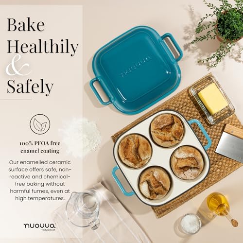 QuadPro Enamelled Cast Iron Bread Loaf Pot – Dutch Oven for Sourdough Bread Baking – 500°F Oven Safe Non Stick Bread Pot – 4 Round Loaf Spaces (4.90-inch Diameter), Light Blue – by Nuovva - Image 2