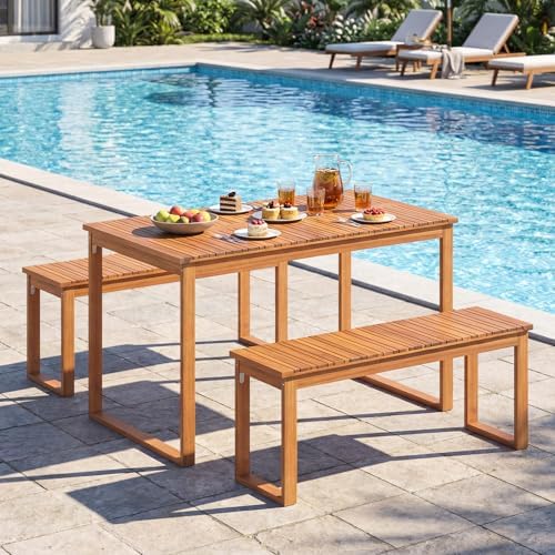 Tangkula 3 Pieces Patio Wooden Dining Set, Acacia Wood Rectangular Picnic Beer Table with 2 Benches for 4 People, Outdoor Dinner Furniture Set for Backyard, Garden and Poolside - Image 3