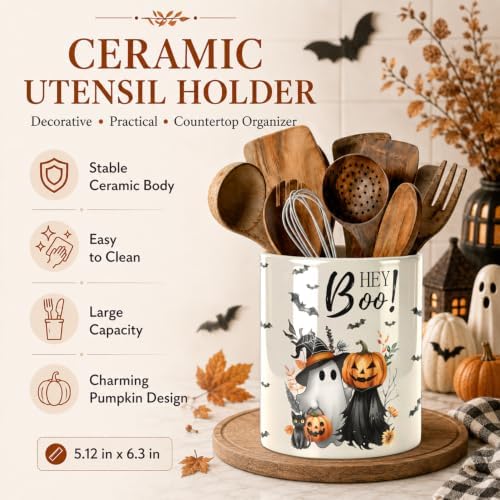 Halloween Cute Ghost Kitchen Utensil Holder, Pumpkin Talavera Large Ceramic Utensil Holder For Countertop Organizer, Summer 6.3'' Cooking Utensil Crocks Scarry Decor Utensil Storage Cup for Kitchen - Image 5
