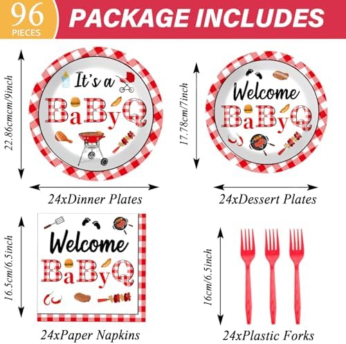 96PCS BabyQ Party Paper Plates and Napkins BBQ Themed Baby Shower Party Decoration Barbecue Tableware Set Disposable BBQ Supplies for Gender Reveal Summer Picnic BabyQ Birthday Gatherings Decorations - Image 2