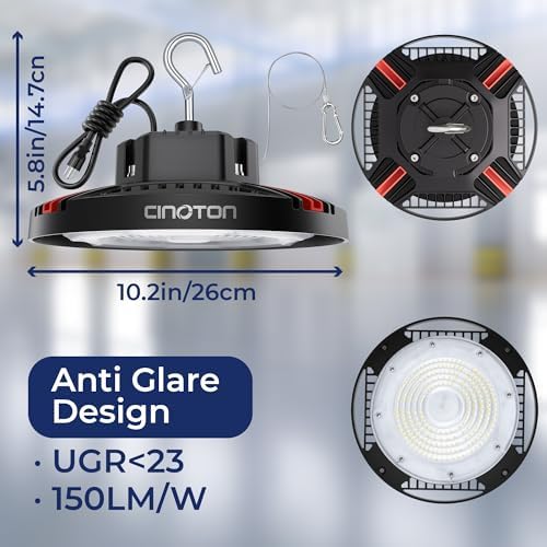 CINOTON 160W UFO LED High Bay Light, Aluminum LED Shop Lights with 24000LM, 5000K Commercial Bay Lighting for Warehouse Garage Workshop Factory Hall, 6' Cable & Safety Rope, ETL Listed 2 Pack - Image 3
