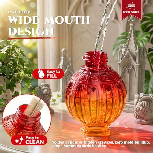 2 Pack Glass Hummingbird Feeder for Outdoors Hanging, Bird Nectar Feeder with Perch & 5 Flower Feeding Ports, 26 Oz Leak Proof for Outside Garden Decor Backyard, Gifts for Women Mom, Red + Orange Red - Image 3