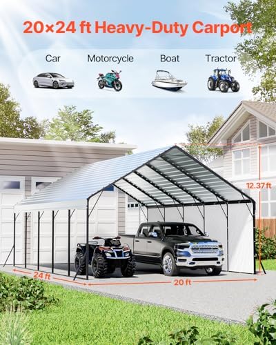 VEVOR 20x24 ft Heavy Duty Metal Carport, Outdoor Car Shelter with Removable PE Sidewalls, Steel Frame Garage for Car, Truck, Boat, Tractor, and Equipment Storage - Image 2