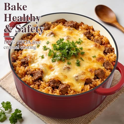 Umite Chef 7QT Enameled Cast Iron Dutch Oven with Lid & Cotton Potholders–Heavy-Duty Cookware for Bread Baking, Braising, Stews, Marinate, Cook(Red) - Image 3