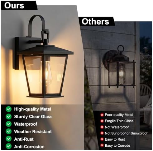 Kalium Outdoor Wall Lantern 2 Pack, Waterproof Exterior Wall Mount Light with Clear Glass in Black Finish, Porch Outside Lighting for Entryway, Backyard, Patio, E26 Base, Clear Glass 12.5 in - Image 7