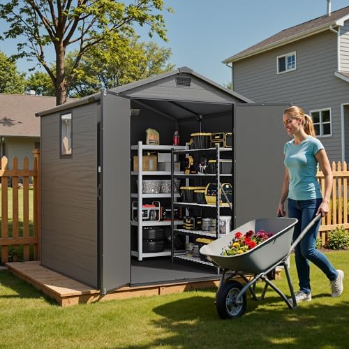 Greesum 6x6FT Plastic Outdoor Storage Shed with Floor, Dark Gray - Image 6