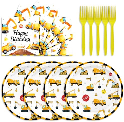 48Pcs Construction Birthday Party Supplies Excavator Birthday Decorations Including Plates and Napkins Forks Supplies Serves 16 Guests Baby Shower Construct Party Decorations by Unknown