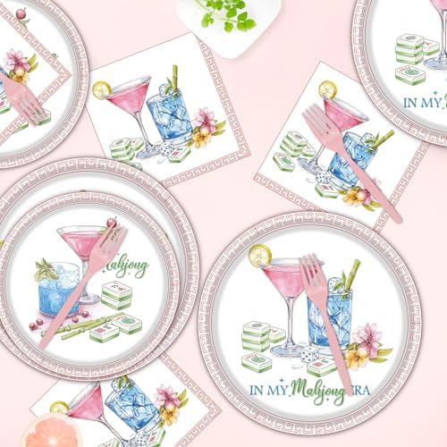 Mahjong Party Tableware Decorations, 96PCS Mahjong Disposable Paper Plates and Napkins Birthday Decoration, In My Mah jong Era Forks Decor Supplies, Serve 24 - Image 5